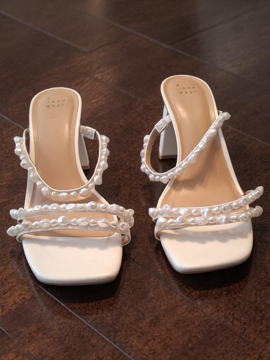 a new day Shoes - a new day Pearl-Embellished White Block Heel Sandals